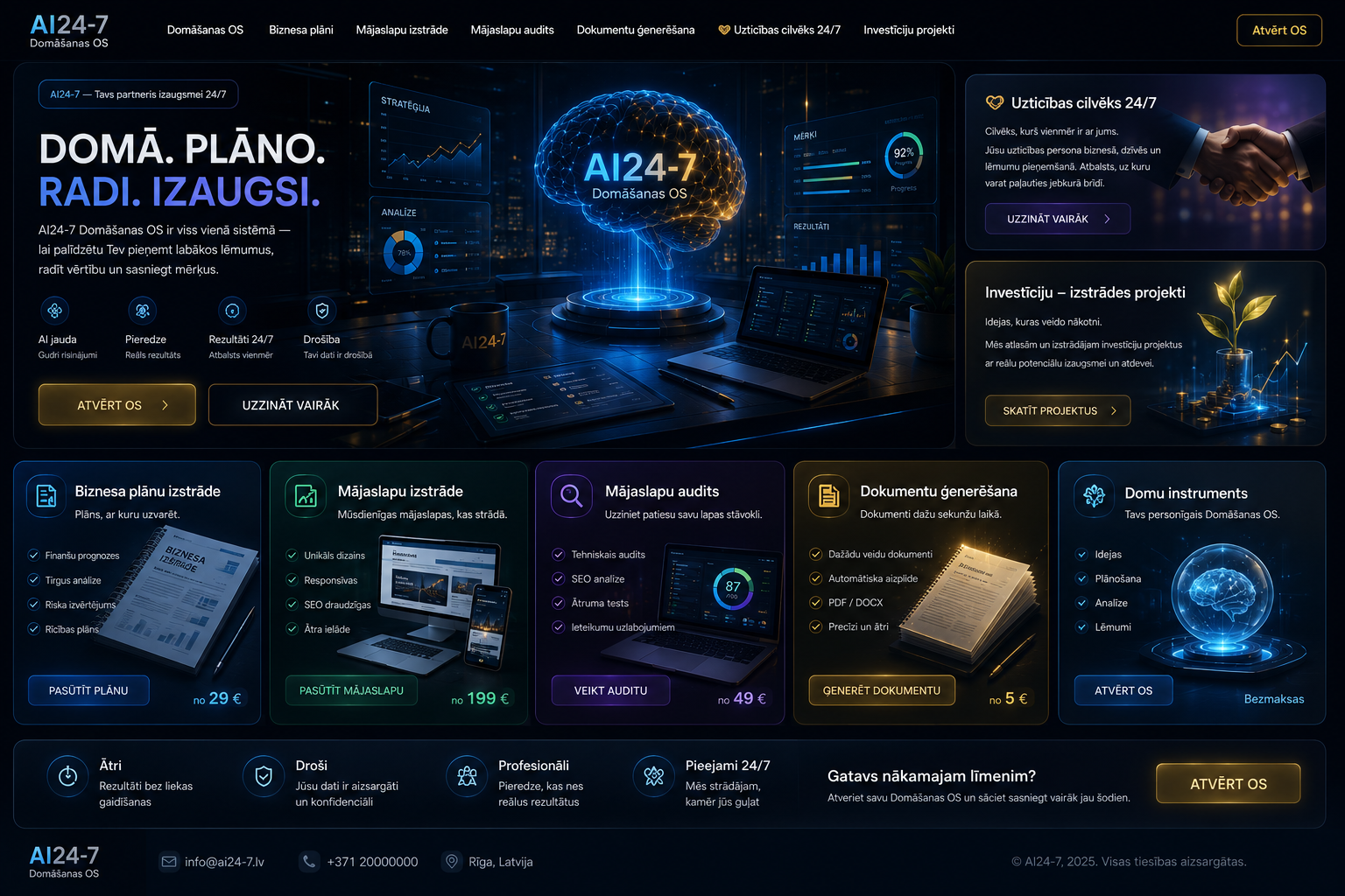 AI24-7 Domāšanas OS — biznesa plāni, mājaslapu izstrāde, mājaslapu audits, dokumentu ģenerēšana, uzticības cilvēks 24/7, investīciju projekti un Domu Instruments